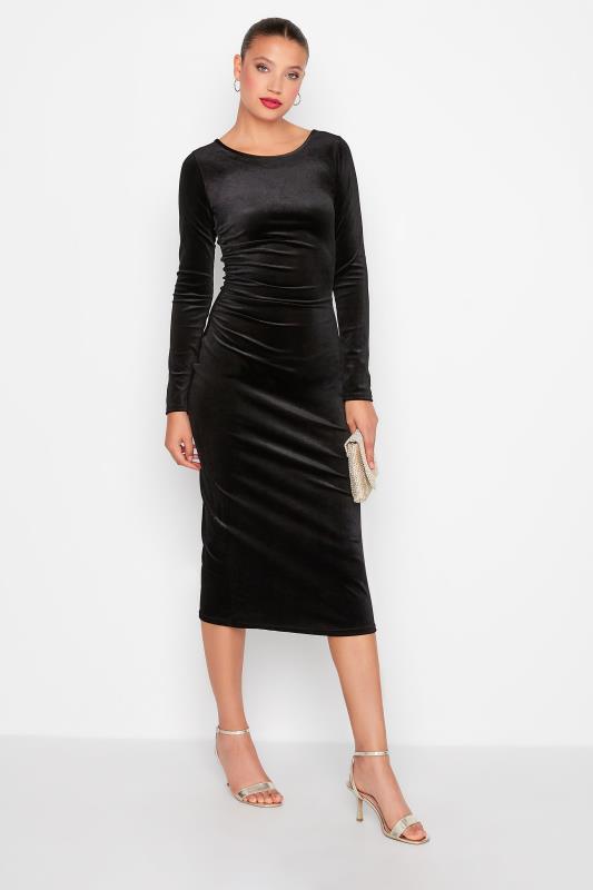 LTS Tall Black Ruched Velvet Midi Dress 2