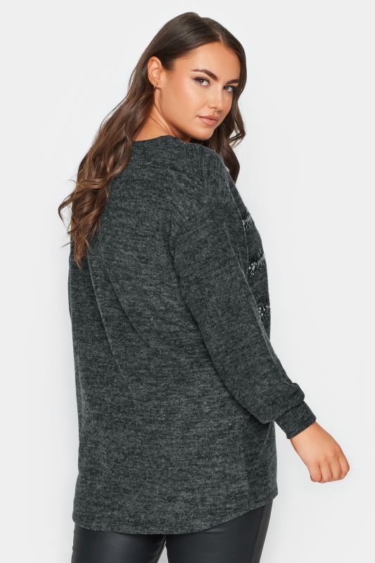 YOURS Plus Size Charcoal Grey Sequin Embellished Stripe Jumper | Yours Clothing 3