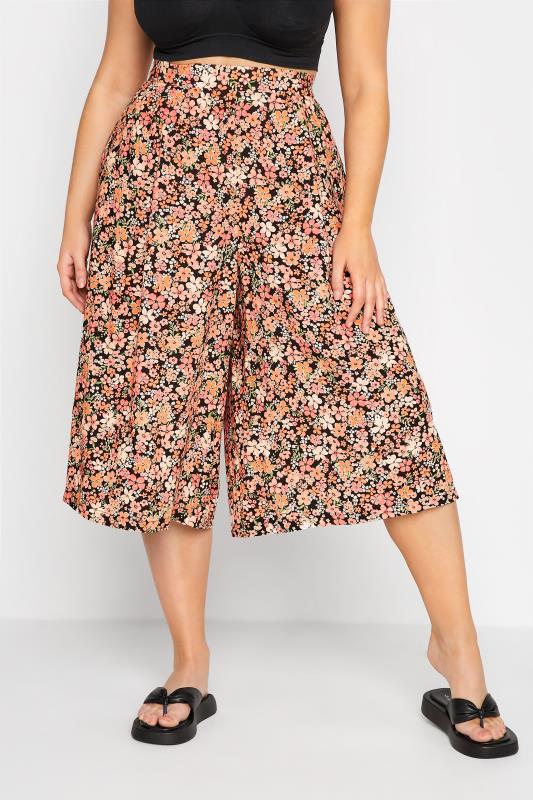 Plus Size Black & Orange Floral Print Culottes | Yours Clothing  1