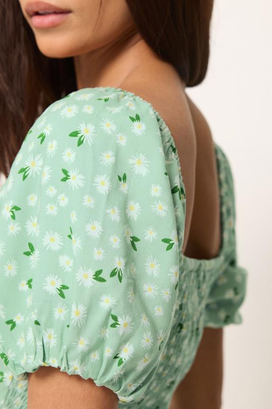 PixieGirl Petite Women's Light Green Daisy Puff Sleeve Midi Dress | PixieGirl 4
