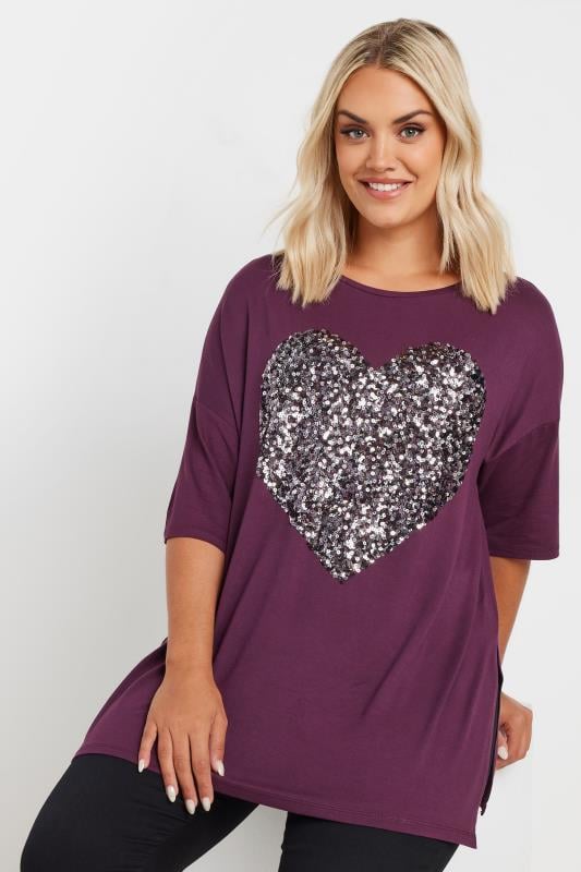 YOURS Plus Size Purple Heart Sequin Embellished T Shirt Yours Clothing