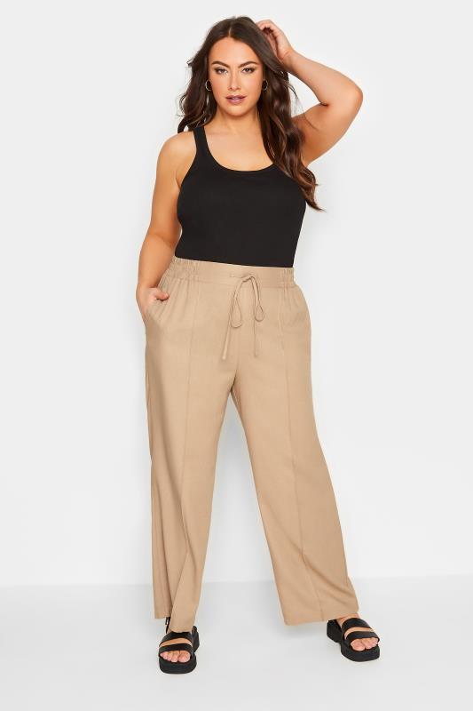 YOURS Curve Plus Size Beige Brown Wide Leg Linen Look Trousers | Yours Clothing  2