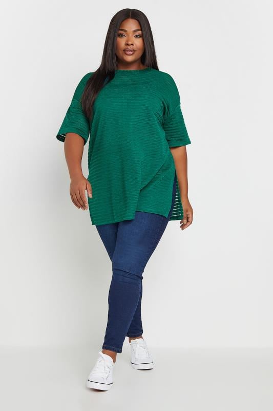 YOURS Plus Size Green Mesh Short Sleeve Stripe Top | Yours Clothing  2