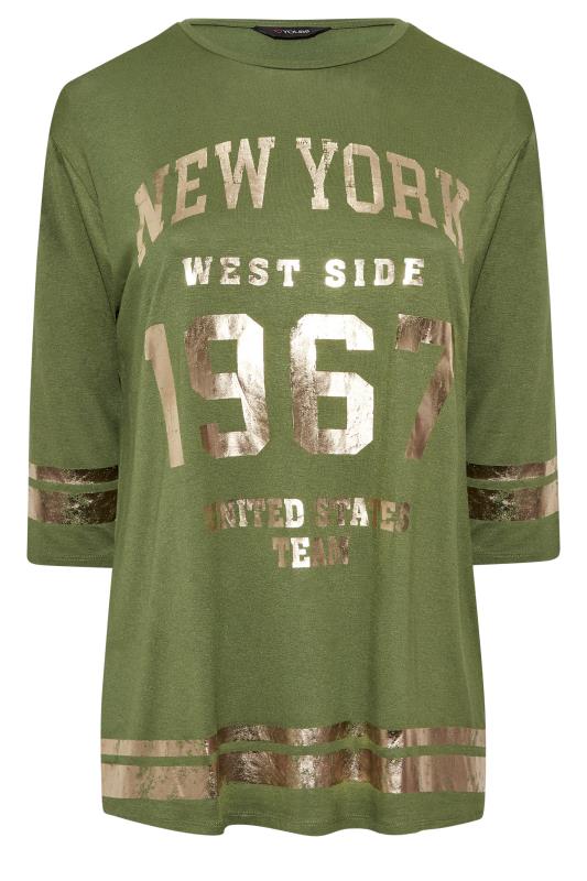 Plus Size Khaki Green Metallic Varsity T-Shirt | Yours Clothing 6
