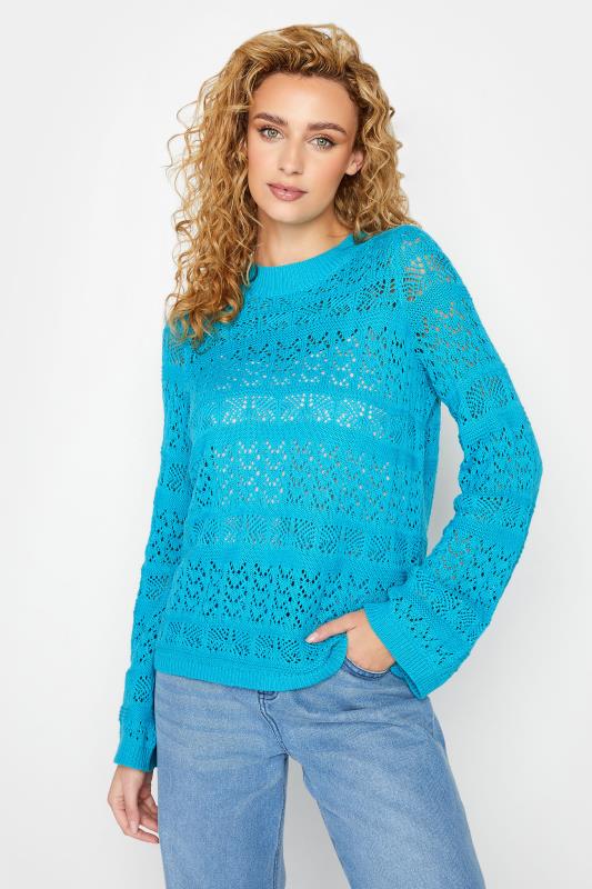 Tall  LTS Tall Blue Crochet Flare Sleeve Jumper