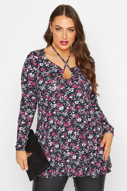 LIMITED COLLECTION Plus Size Black Floral Keyhole Tie Neckline Swing Top | Yours Clothing 1