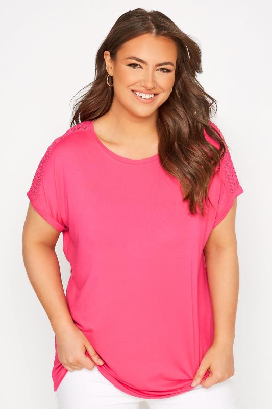 Plus Size Hot Pink Crochet Shoulder T-Shirt | Yours Clothing 1