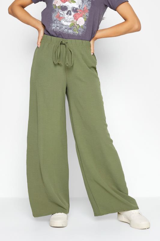 Petite Khaki Green Crepe Wide Leg Trousers | PixieGirl 1