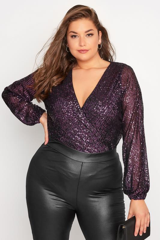 YOURS LONDON Plus Size Purple Sequin Embellished Wrap Bodysuit | Yours Clothing 1