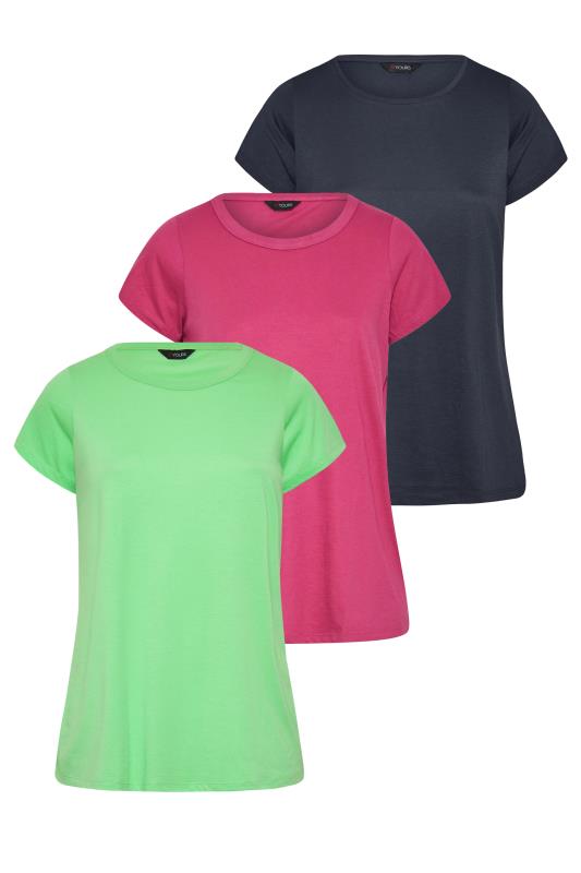 YOURS Curve Plus Size 3 PACK Green & Pink Essential T-Shirts | Yours Clothing  7