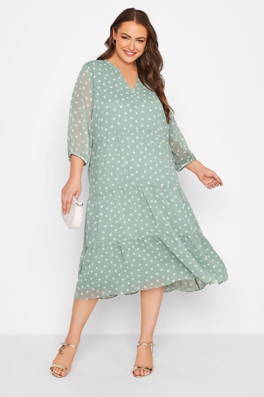 Curve Sage Green Polka Dot Tiered Dress | Yours Clothing 2