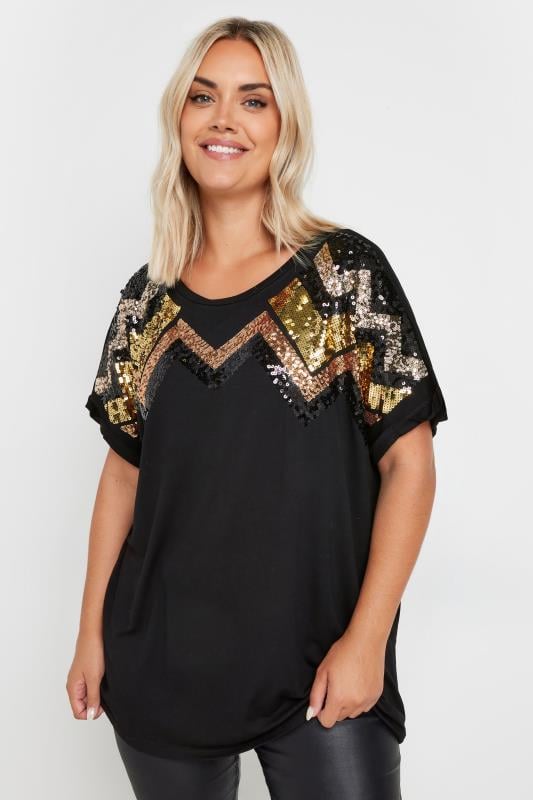  Grande Taille YOURS Curve Black Sequin Embellished Short Sleeve T-Shirt