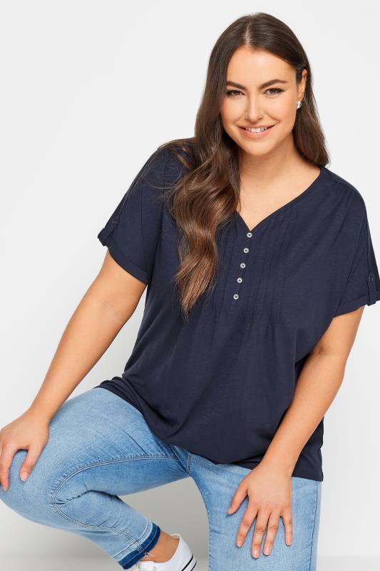 YOURS Plus Size Curve Navy Blue Henley T-Shirt | Yours Clothing  1