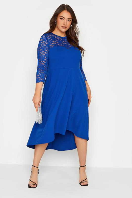 YOURS LONDON Plus Size Curve Royal Blue Lace Sweetheart Midi Dress | Yours Clothing  1