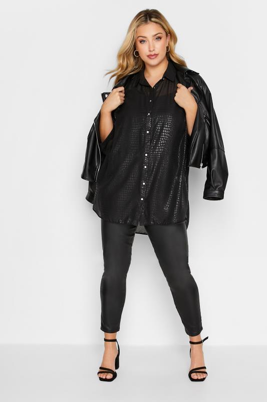 Plus Size Black Printed Shimmer Button Through Shirt | Yours Clothing 2