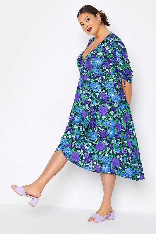 LIMITED COLLECTION Curve Blue Floral Ruched Sleeve Wrap Dress 2