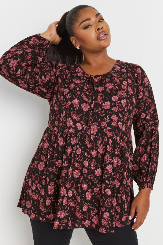 YOURS Plus Size Black Floral Print Long Sleeve Tie Neck Blouse | Yours Clothing 1