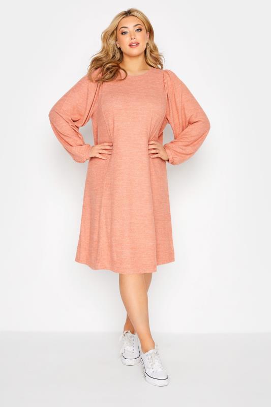 Plus Size Curve Coral Orange Balloon Sleeve Tunic Jumper Dress | Yours Clothing 2
