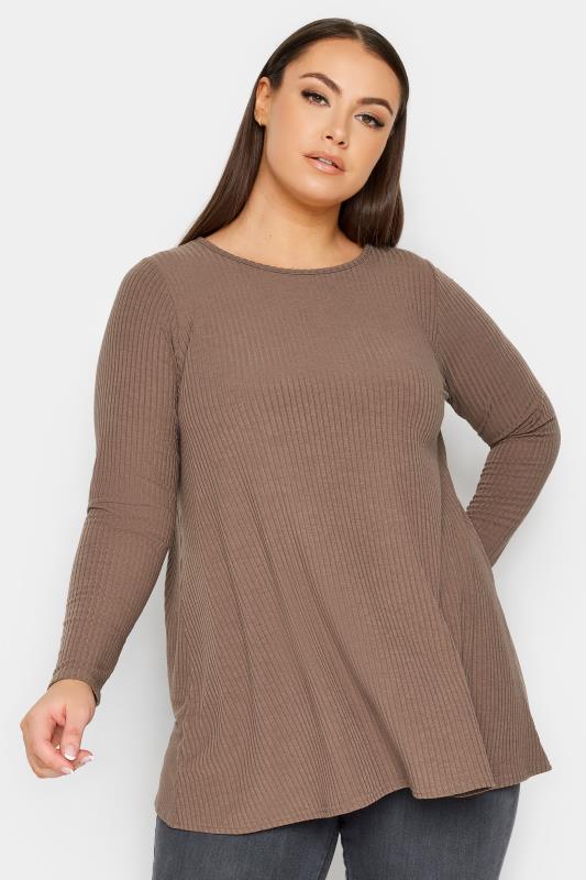 Plus Size  YOURS Curve Chocolate Brown Ribbed Swing T-Shirt