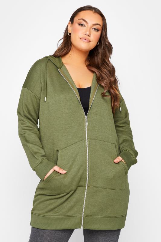 Curve Plus Size Womens Khaki Green Longline Zip Hoodie | Yours Clothing 1