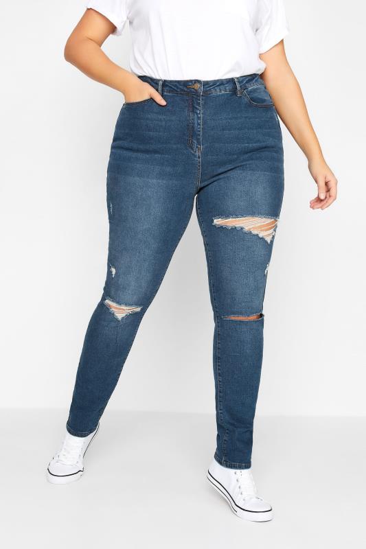 LTS Tall Women's Mid Blue Distressed AVA Skinny Jeans | Long Tall Sally 1