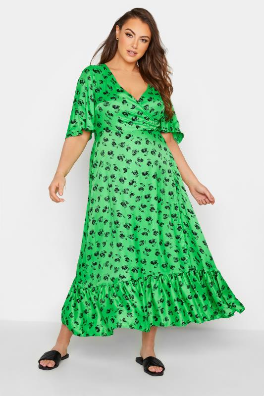 LIMITED COLLECTION Curve Bright Green Floral Ruffled Wrap Maxi Dress 2