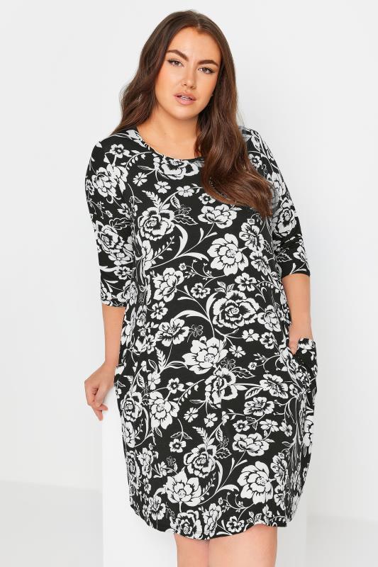 Plus Size  YOURS Curve Black & White Floral Print Pocket Dress