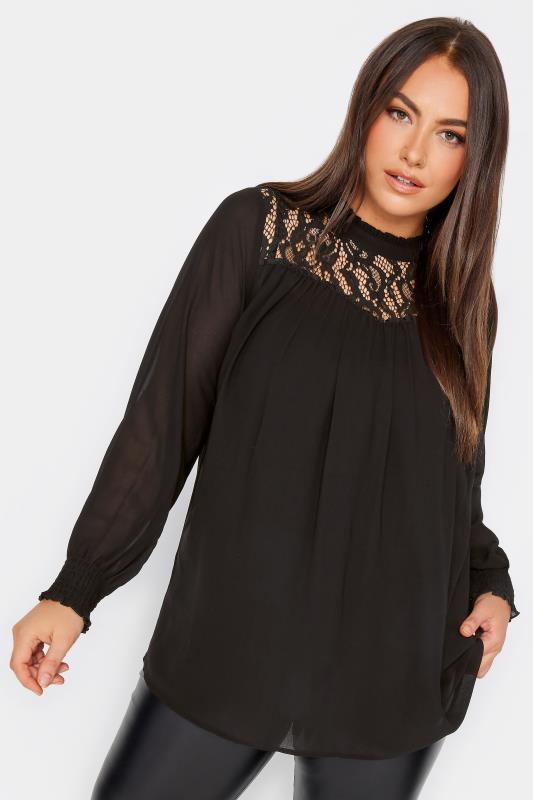YOURS LONDON Plus Size Black Lace Ruffle Collar Blouse | Yours Clothing 1