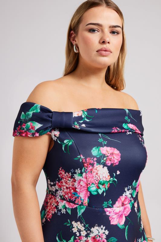 YOURS LONDON Curve Navy Blue Floral Bardot Skater Dress | Yours Clothing 4