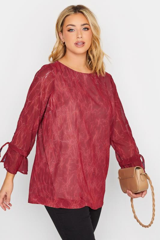 YOURS Curve Red Abstract Bell Sleeve Blouse | Yours Clothing  1