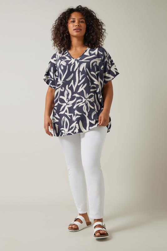EVANS Plus Size Navy Blue Abstract Print Angel Sleeve Top | Evans 2
