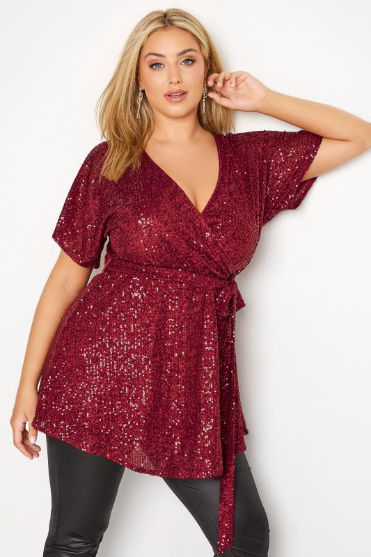 YOURS LONDON Plus Size Wine Red Sequin Embellished Wrap Top | Yours Clothing 1
