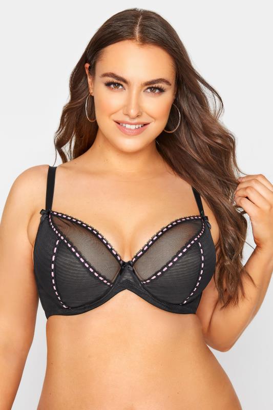Plus Size Black & Pink Ribbon Non-Padded Underwired Balcony Bra | Yours Clothing 1