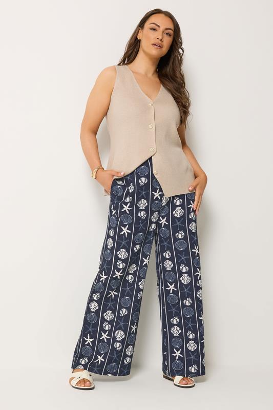 YOURS Plus Size Seashell Print Crinkle Wide Leg Trousers | Yours Clothing 1