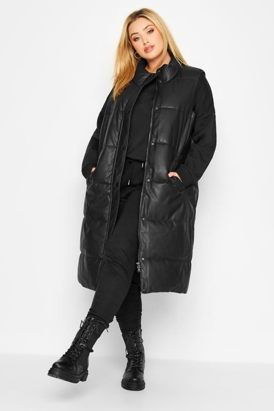 Plus Size Black Faux Leather Puffer Gilet | Yours Clothing 1