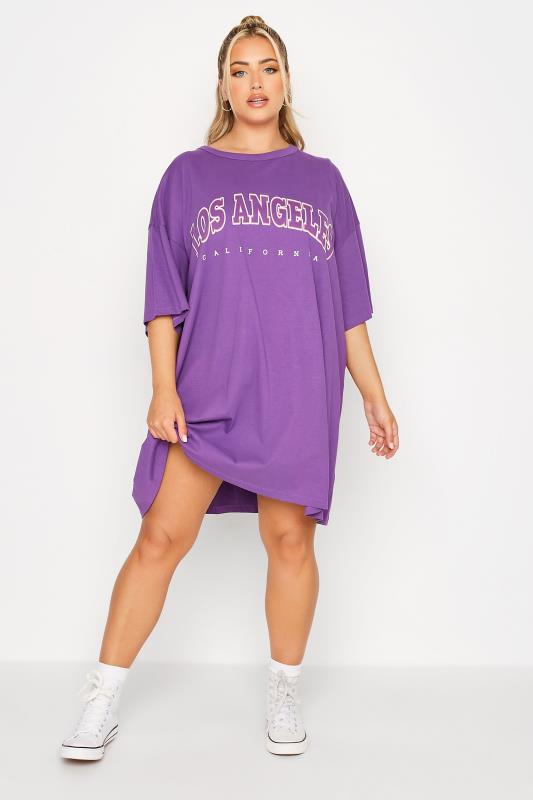 Plus Size Purple 'Los Angeles' Oversized Tunic T-Shirt Dress | Yours Clothing 1