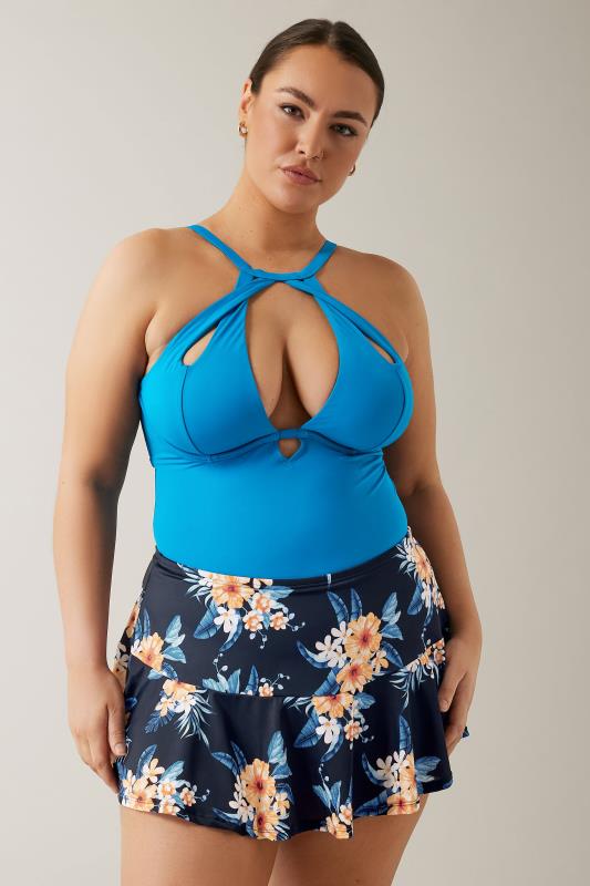 Plus Size  Evans Blue Hawiian Floral Print Swim Skirt