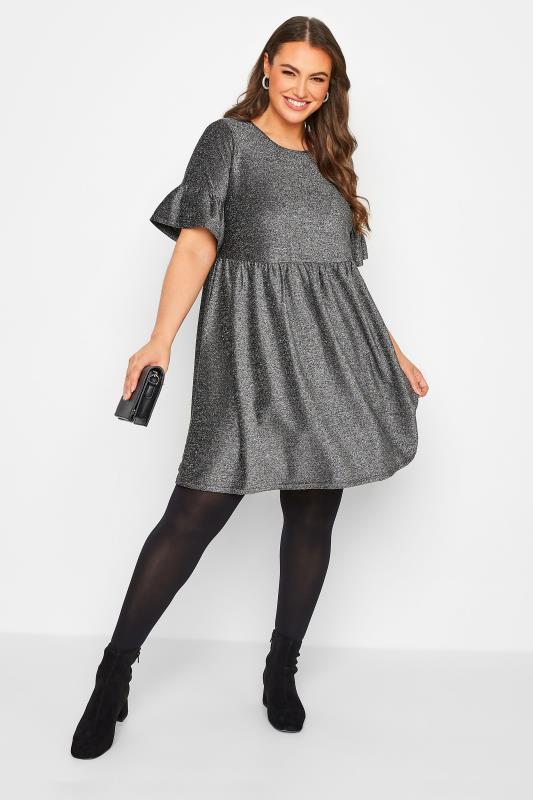 Plus Size  Curve Grey Glitter Frill Sleeve Smock Dress