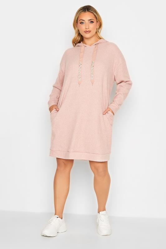 YOURS LUXURY Curve Light Pink Sequin Embellished Drawstrings Ribbed Hoodie Dress 2