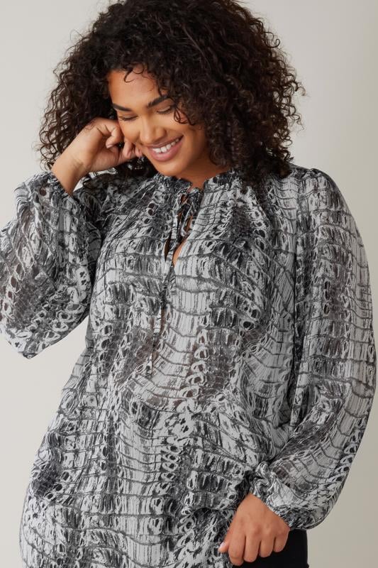 EVANS Plus Size Grey Snake Print Tie Neck Blouse | Evans 4