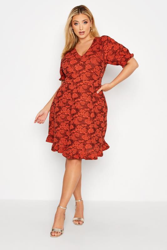Plus Size  Curve Red Floral V-Neck Midi Dress