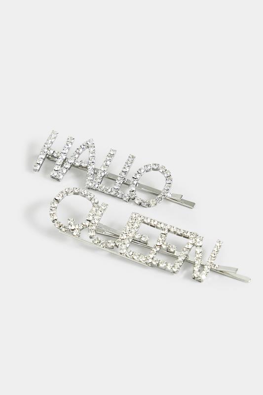 2 PACK Silver Diamante 'Hallo-Queen' Slogan Hairslides | Yours Clothing 2