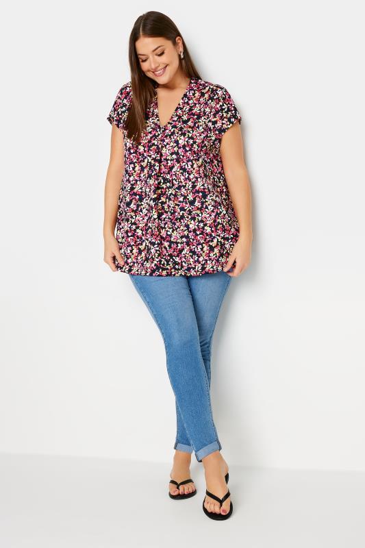 YOURS Plus Size Pink Floral Print Pleat Front Blouse | Yours Clothing 2