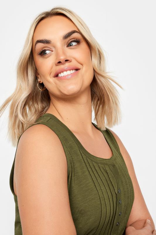 YOURS Plus Size Olive Green Pintuck Henley Vest Top | Yours Clothing 4