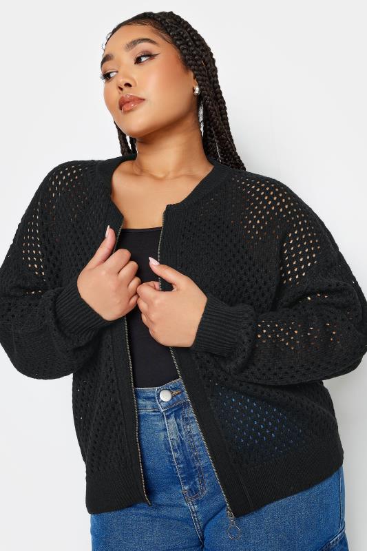 YOURS Plus Size Black Crochet Bomber Cardigan | Yours Clothing 2
