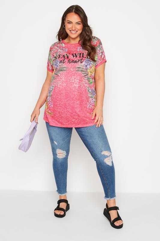 Curve Pink 'Stay Wild At Heart' Floral Printed Slogan T-Shirt 2