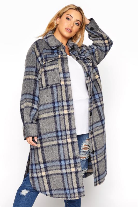 Plus Size  YOURS Curve Grey & Blue Checked Midi Shacket