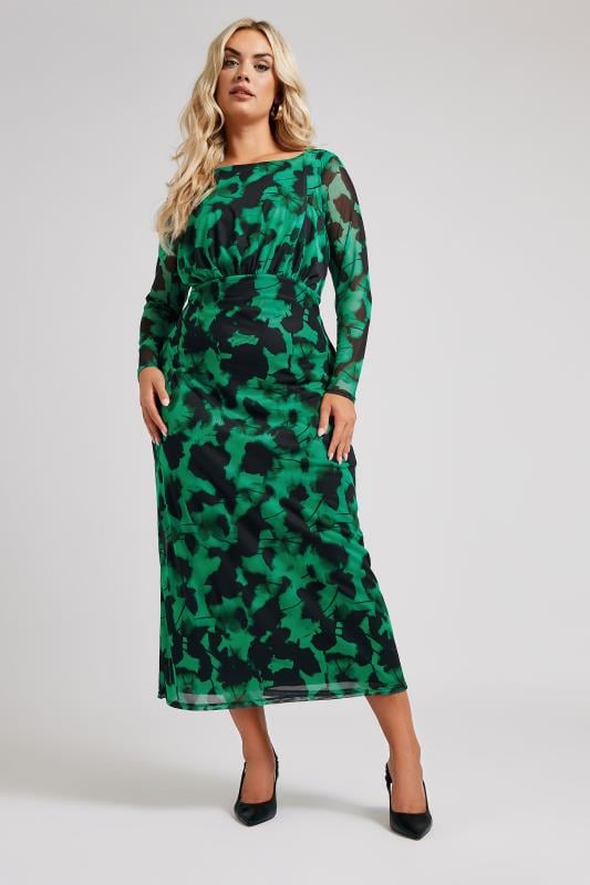  Tallas Grandes YOURS LONDON Curve Green Blur Floral Print Mesh Maxi Dress