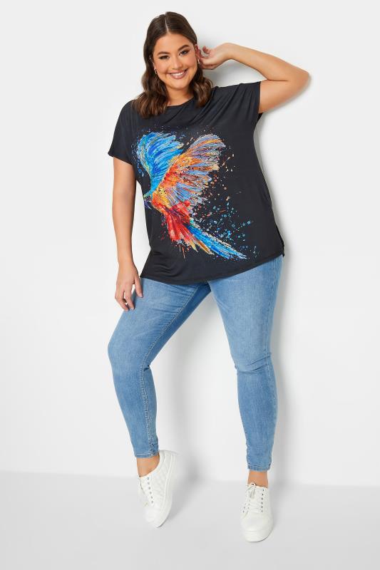 YOURS Curve Plus Size Black Bird Print T-Shirt | Yours Clothing  2
