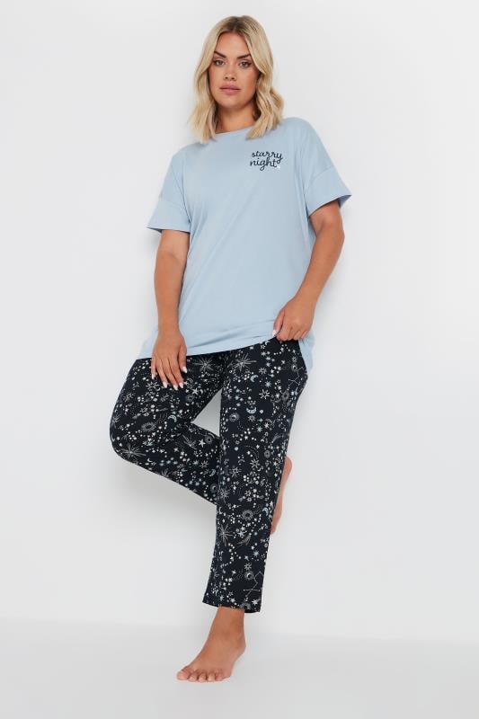 YOURS Plus Size Blue 'Starry Night' Star Print Wide Leg Pyjama Set | Yours Clothing 2